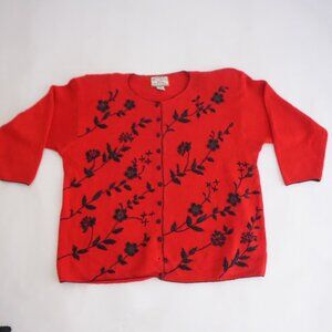 Vintage Heirloom Collectibles Red Beaded Floral Knit Button Cardigan 22/24